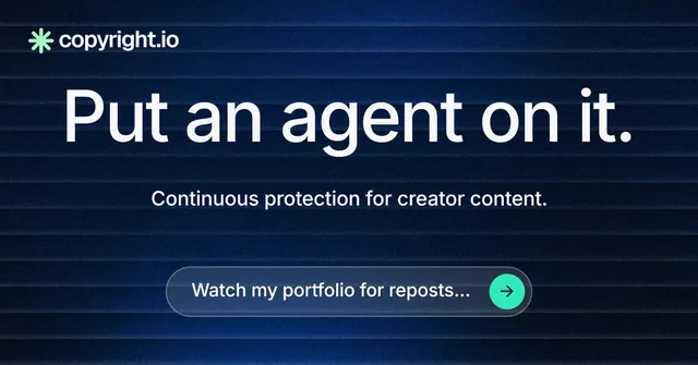 Social ad for copyright.io: "Put an agent on it." Agentic glass style, centred layout, dark palette in black, blue, grey.
