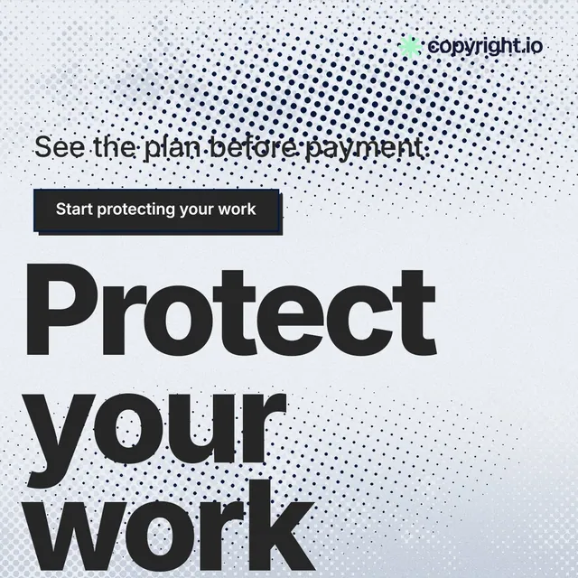 Instagram post for copyright.io: "Find your reposted work." Brutalist style, oversized layout, light palette in white, blue, grey.
