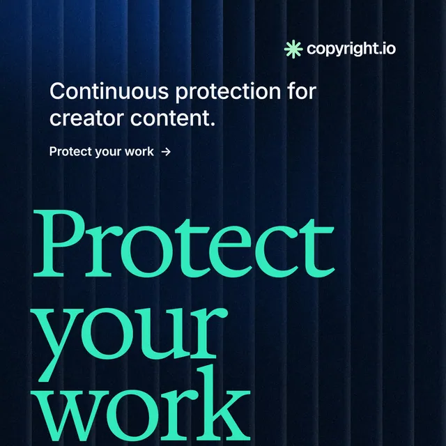 Instagram post for copyright.io: "Find your reposted work." Minimal luxury style, oversized layout, dark palette in black, blue, teal.