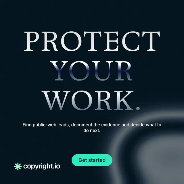 Instagram post for copyright.io: "Protect your work." Y2K style, centred layout, dark palette in black, grey, blue.