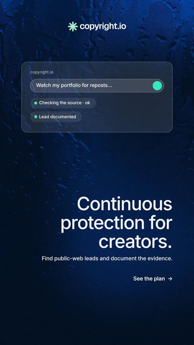 Instagram story for copyright.io: "Continuous protection for creators." Minimal luxury style, right layout, dark palette in black, blue.