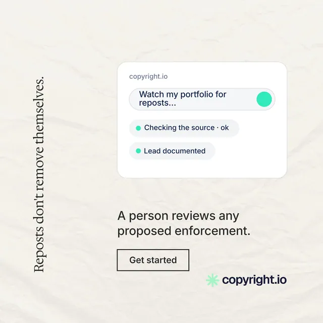 Instagram post for copyright.io: "Reposts don't remove themselves." Editorial style, vertical layout, light palette in white.
