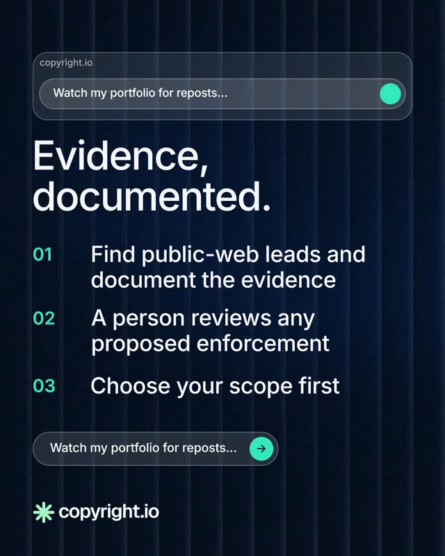Instagram portrait post for copyright.io: "Evidence, documented." Agentic glass style, numbered layout, dark palette in black, blue, grey.