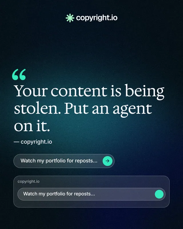Instagram portrait post for copyright.io: "Protect your work." Agentic glass style, quote layout, dark palette in black, blue.