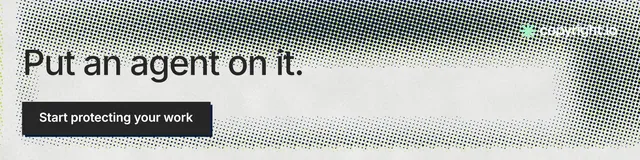LinkedIn banner for copyright.io: "Put an agent on it." Brutalist style, skeleton layout, light palette in grey, white.