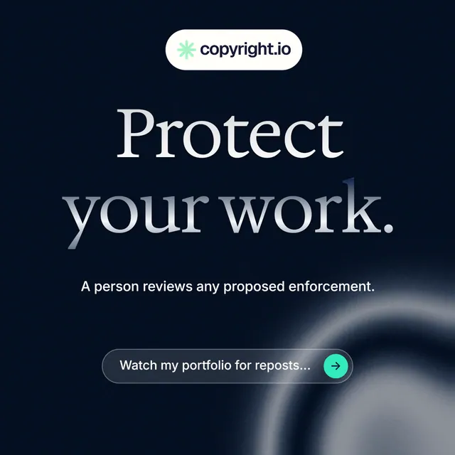 Instagram post for copyright.io: "Protect your work." Agentic glass style, centred layout, dark palette in black, grey, blue.