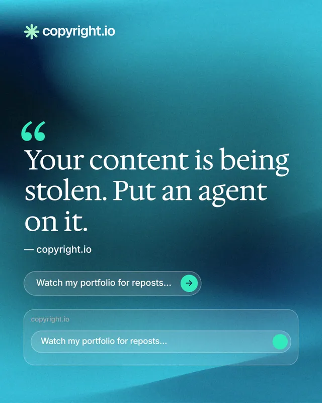Instagram portrait post for copyright.io: "See the plan first." Agentic glass style, quote layout, dark palette in teal, blue.