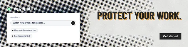 LinkedIn banner for copyright.io: "Protect your work." Retro print style, right layout, light palette in white, grey.