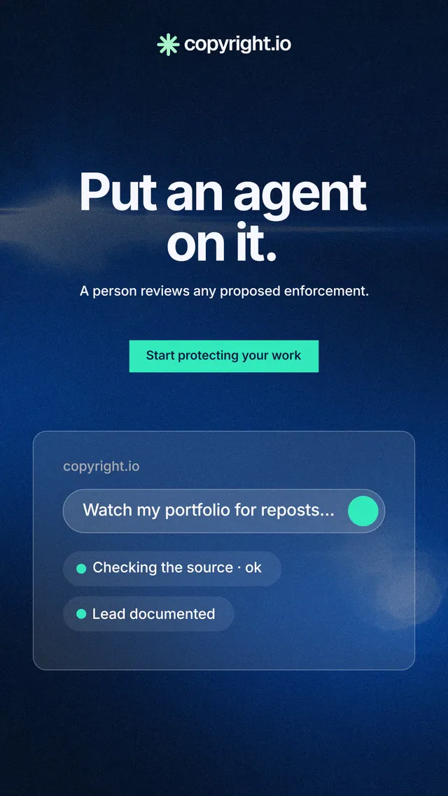 Instagram story for copyright.io: "Put an agent on it." Swiss style, centred layout, dark palette in black, blue.