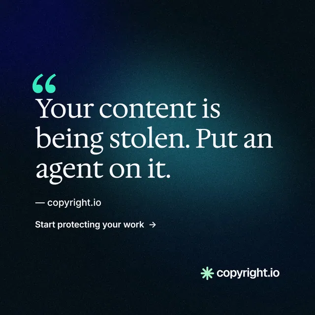 Instagram post for copyright.io: "Evidence, documented." Minimal luxury style, quote layout, dark palette in black, blue.