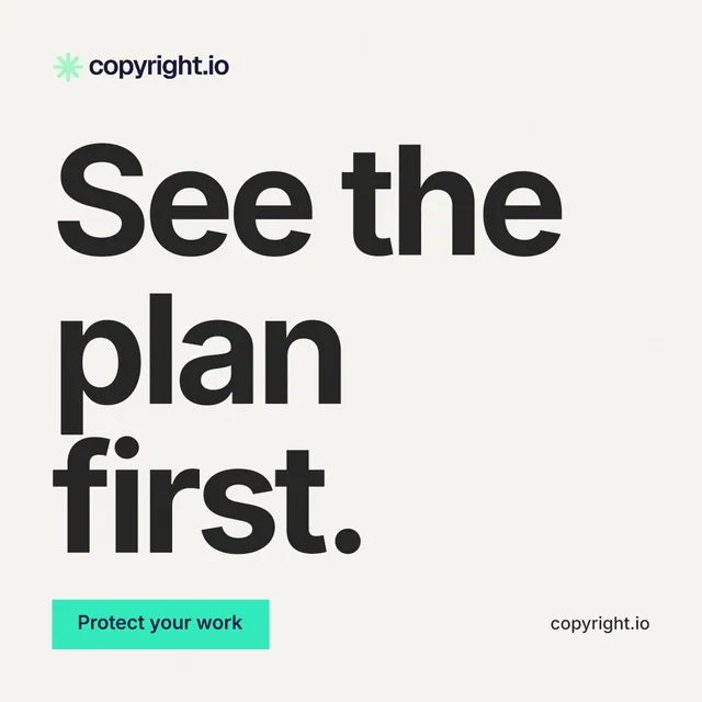 Instagram post for copyright.io: "See the plan first." Swiss style, poster layout, light palette in white, grey, green.