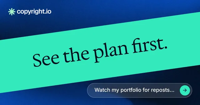 Social ad for copyright.io: "See the plan first." Agentic glass style, diagonal layout, light palette in teal, blue.