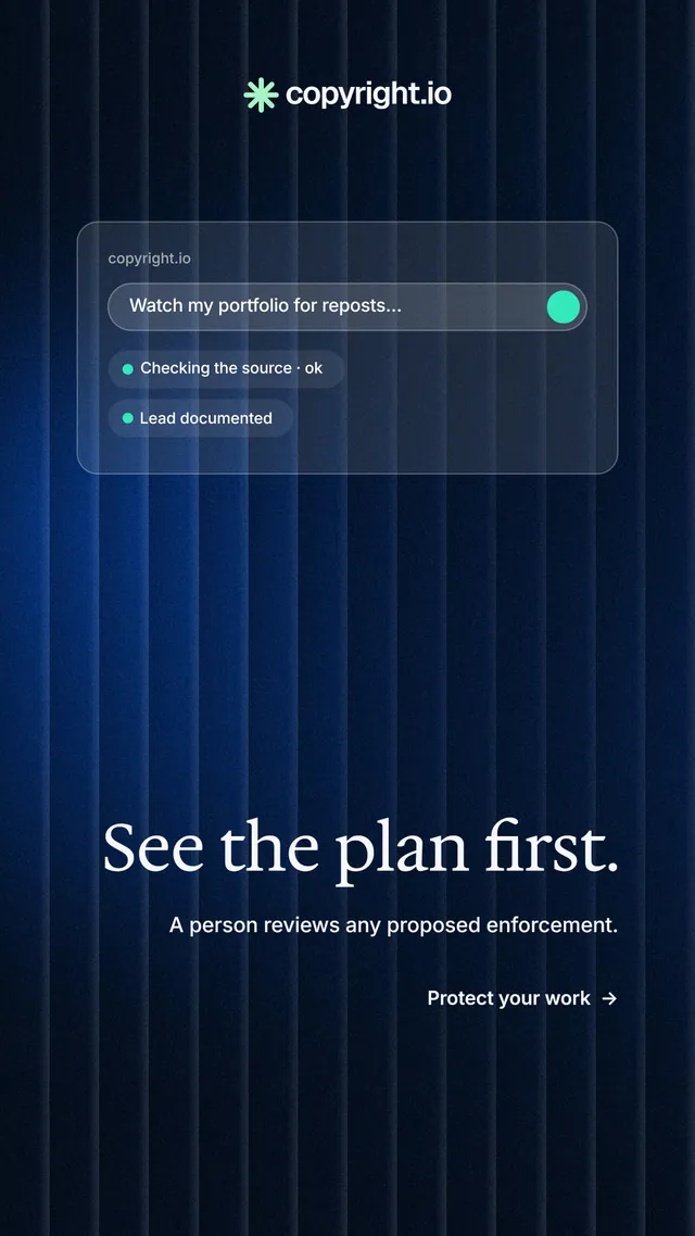 Instagram story for copyright.io: "See the plan first." Minimal luxury style, right layout, dark palette in black, blue.