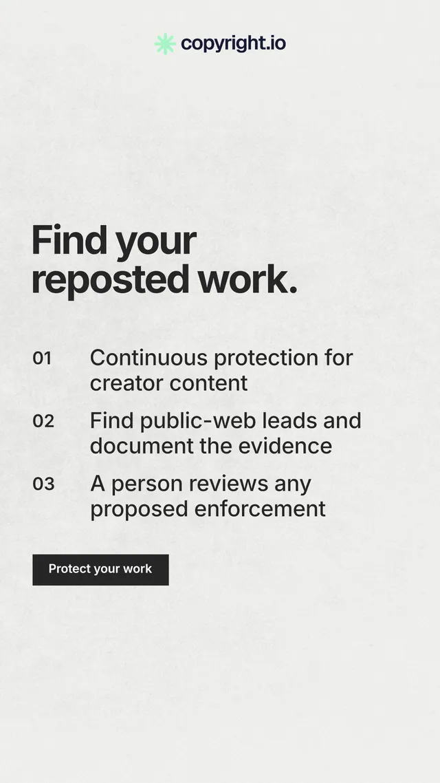 Instagram story for copyright.io: "Find your reposted work." Swiss style, numbered layout, light palette in white, grey.