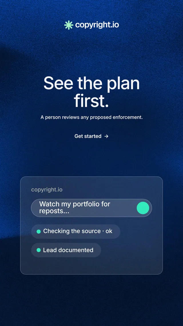 Instagram story for copyright.io: "See the plan first." Minimal luxury style, centred layout, dark palette in blue, black.