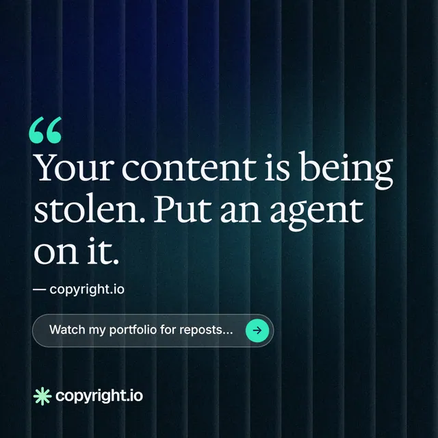 Instagram post for copyright.io: "Reposts don't remove themselves." Agentic glass style, quote layout, dark palette in black, blue.