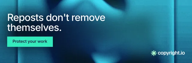 X header for copyright.io: "Reposts don't remove themselves." Swiss style, skeleton layout, dark palette in blue, teal.