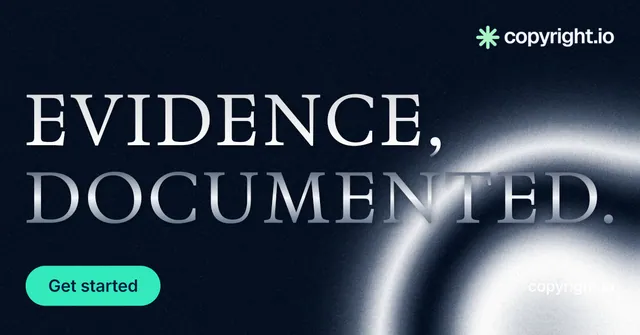 Social ad for copyright.io: "Evidence, documented." Y2K style, poster layout, dark palette in black, grey, blue.
