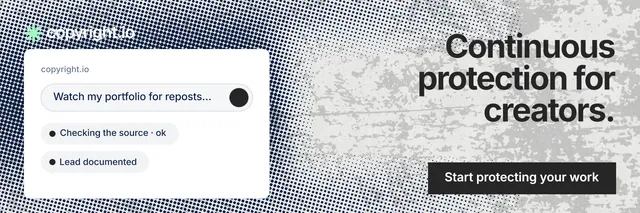 X header for copyright.io: "Continuous protection for creators." Swiss style, right layout, light palette in white, grey.