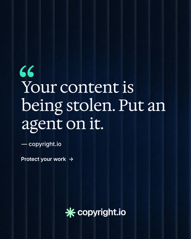 Instagram portrait post for copyright.io: "Protect your work." Minimal luxury style, quote layout, dark palette in black, blue.