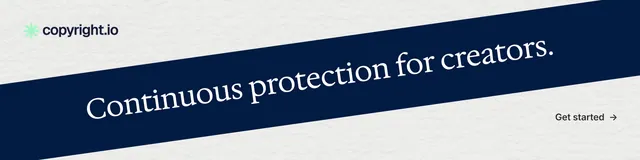 LinkedIn banner for copyright.io: "Continuous protection for creators." Minimal luxury style, diagonal layout, light palette in white, blue.