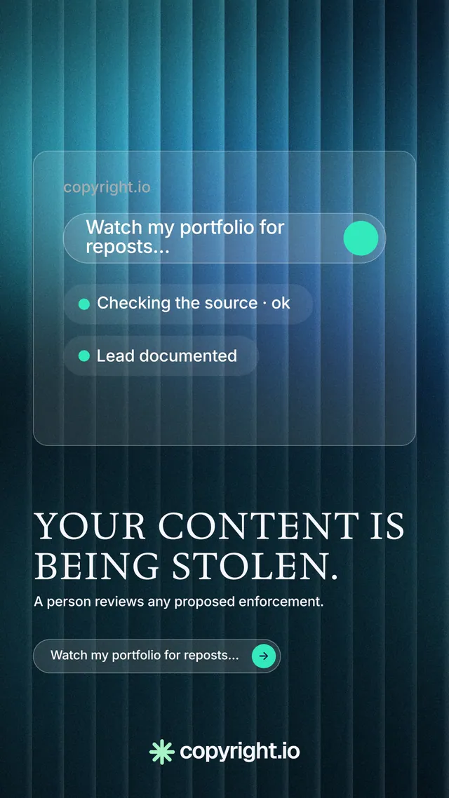 Instagram story for copyright.io: "Your content is being stolen." Agentic glass style, bottom layout, dark palette in blue, black.