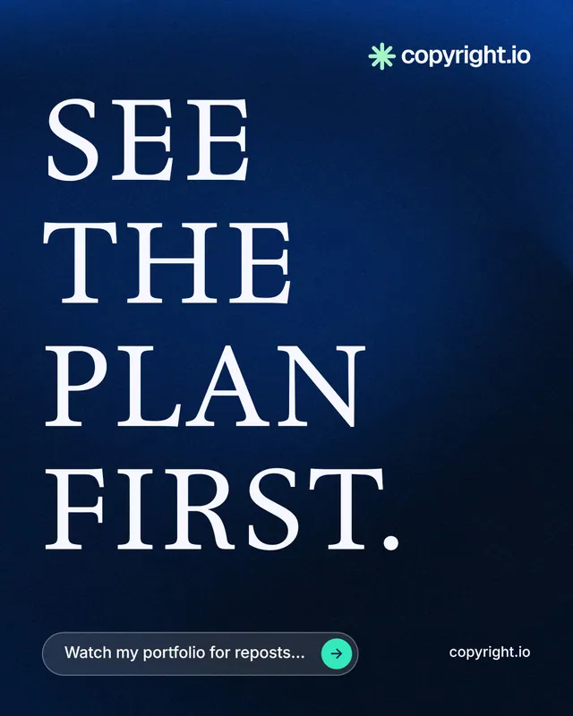 Instagram portrait post for copyright.io: "See the plan first." Agentic glass style, poster layout, dark palette in blue, black.