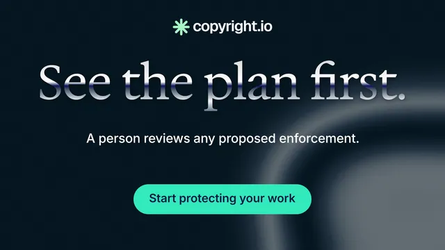 Landscape graphic for copyright.io: "See the plan first." Y2K style, centred layout, dark palette in black, teal, blue.