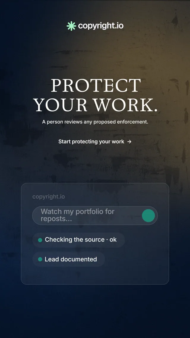 Instagram story for copyright.io: "Protect your work." Minimal luxury style, centred layout, dark palette in black, blue, grey.