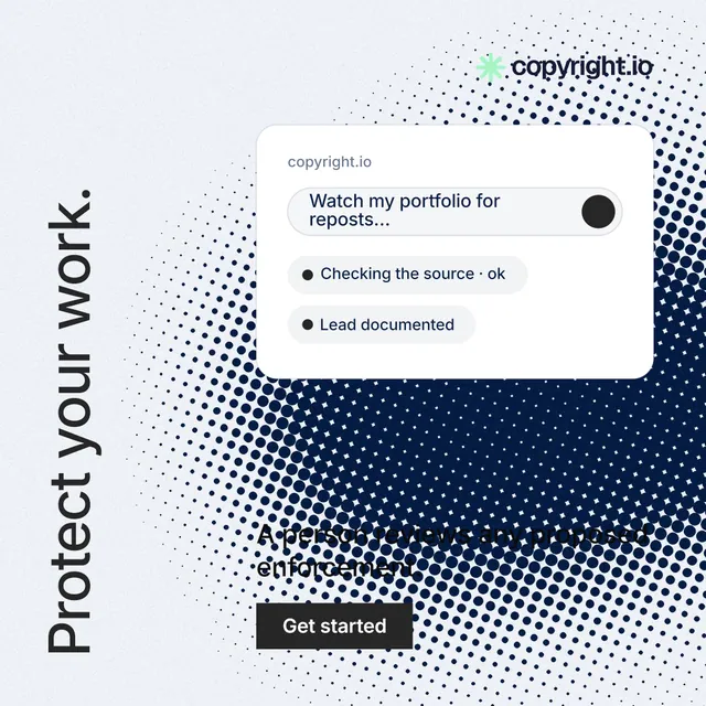 Instagram post for copyright.io: "Protect your work." Split block style, vertical layout, light palette in white, blue.
