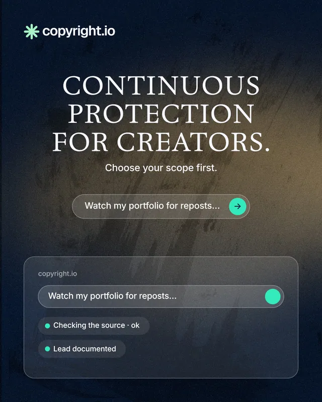 Instagram portrait post for copyright.io: "Continuous protection for creators." Agentic glass style, centred layout, dark palette in black, blue, grey.