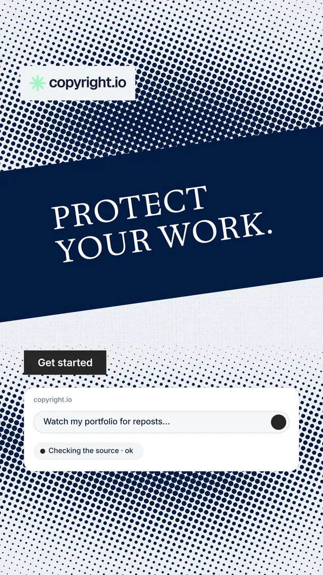 Instagram story for copyright.io: "Protect your work." Split block style, diagonal layout, light palette in blue, white, grey.