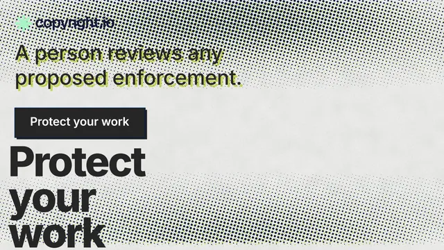 Landscape graphic for copyright.io: "Find your reposted work." Brutalist style, oversized layout, light palette in grey, white.