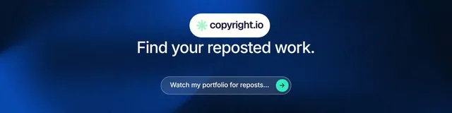 LinkedIn banner for copyright.io: "Find your reposted work." Agentic glass style, centred layout, dark palette in blue, black.