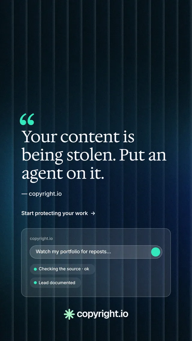Instagram story for copyright.io: "Put an agent on it." Minimal luxury style, quote layout, dark palette in black, blue.
