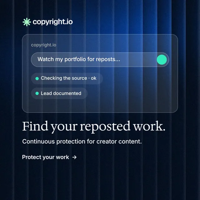 Instagram post for copyright.io: "Find your reposted work." Minimal luxury style, bottom layout, dark palette in blue, black.