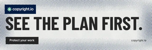 X header for copyright.io: "See the plan first." Retro print style, poster layout, light palette in white, grey.