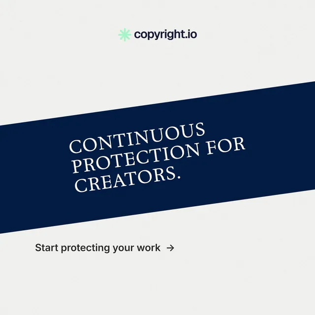 Instagram post for copyright.io: "Continuous protection for creators." Minimal luxury style, diagonal layout, light palette in white, blue.