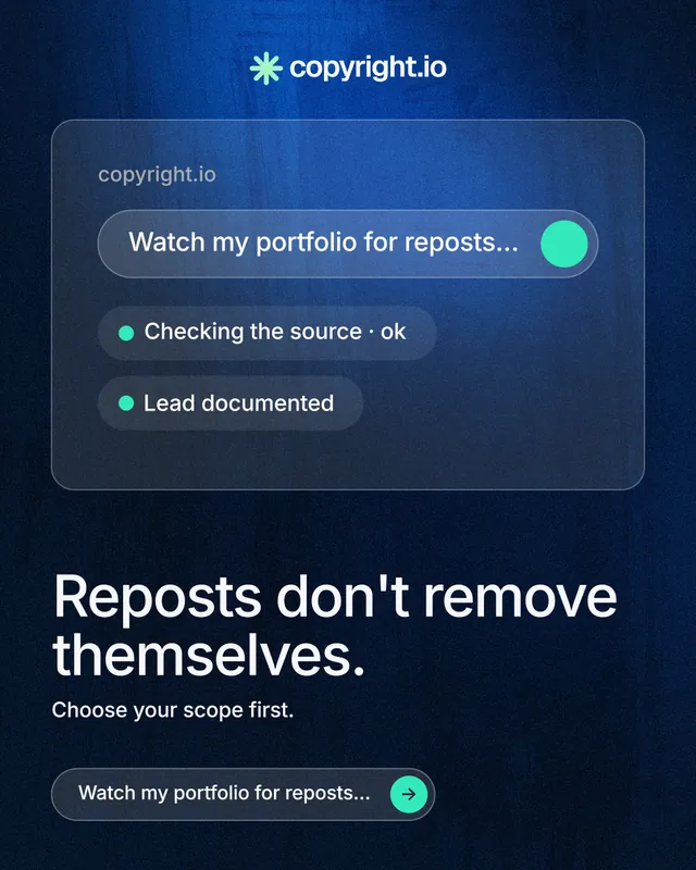 Instagram portrait post for copyright.io: "Reposts don't remove themselves." Agentic glass style, bottom layout, dark palette in blue, black.