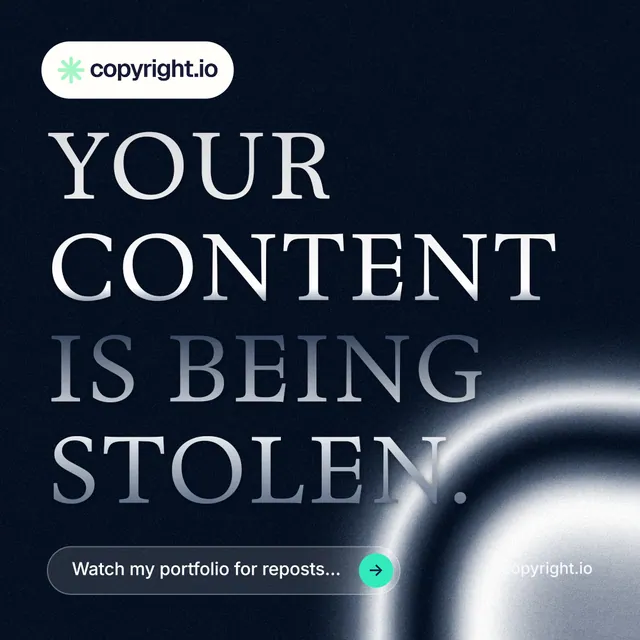 Instagram post for copyright.io: "Your content is being stolen." Agentic glass style, poster layout, dark palette in black, grey, blue.
