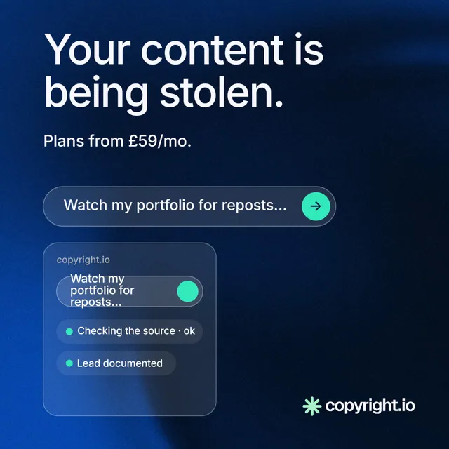 Instagram post for copyright.io: "Your content is being stolen." Agentic glass style, skeleton layout, dark palette in blue, black.