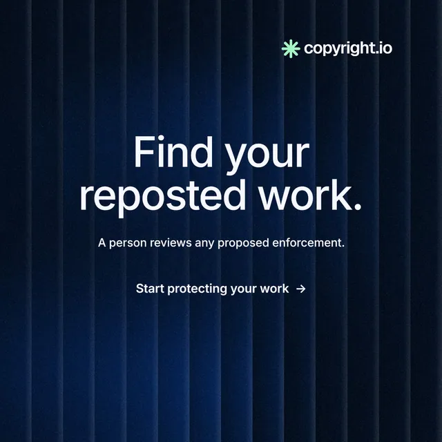 Instagram post for copyright.io: "Find your reposted work." Minimal luxury style, centred layout, dark palette in black, blue.