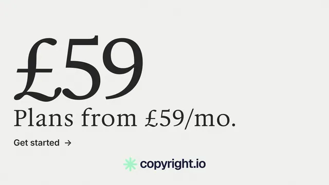 Landscape graphic for copyright.io: "Protect your work." Minimal luxury style, stat layout, light palette in white, grey.