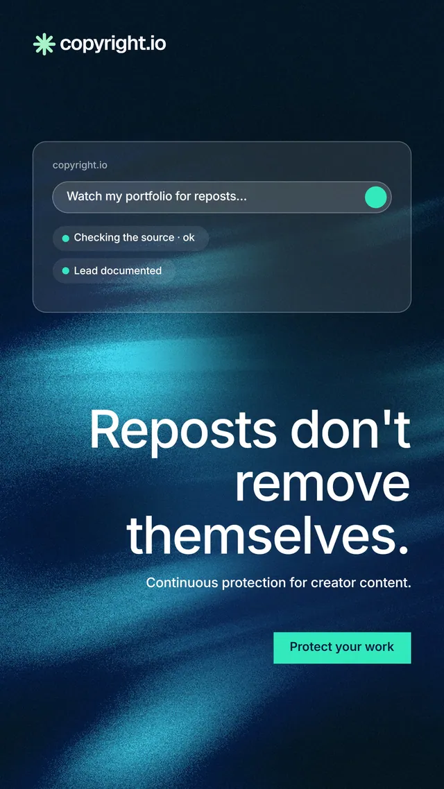 Instagram story for copyright.io: "Reposts don't remove themselves." Swiss style, right layout, dark palette in blue, black.
