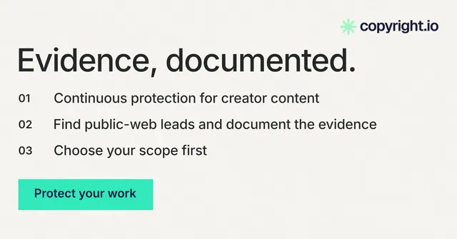 Social ad for copyright.io: "Evidence, documented." Swiss style, numbered layout, light palette in white, grey.