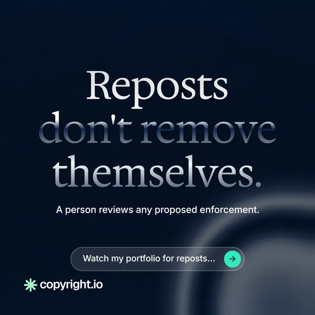Instagram post for copyright.io: "Reposts don't remove themselves." Agentic glass style, centred layout, dark palette in black, grey.