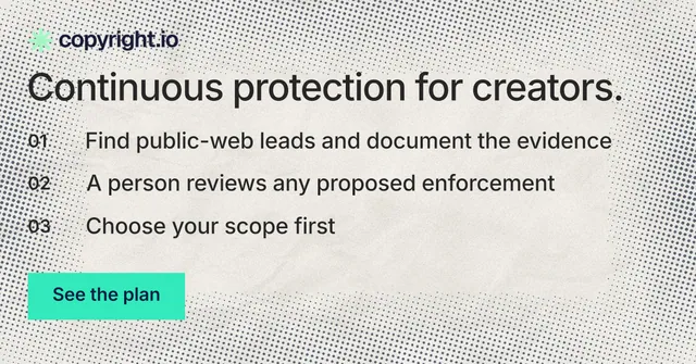 Social ad for copyright.io: "Continuous protection for creators." Swiss style, numbered layout, light palette in white, yellow, grey.