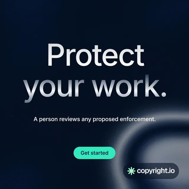 Instagram post for copyright.io: "Protect your work." Y2K style, centred layout, dark palette in black, grey.