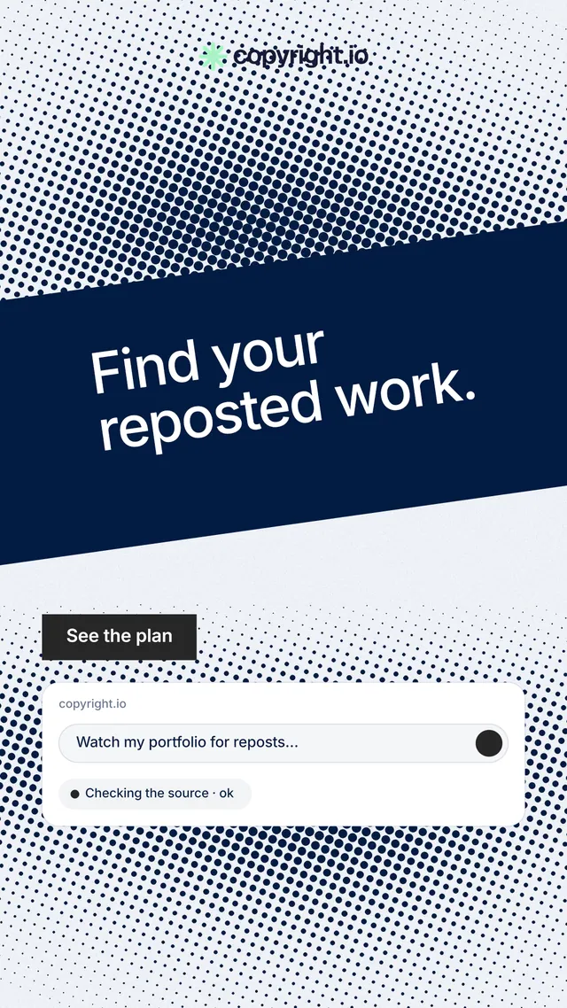 Instagram story for copyright.io: "Find your reposted work." Swiss style, diagonal layout, light palette in blue, white, grey.