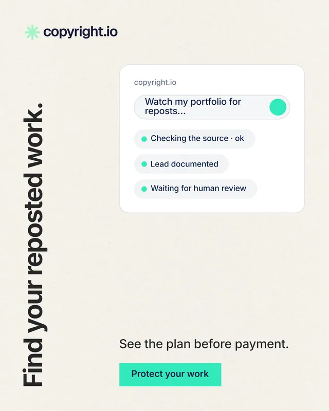 Instagram portrait post for copyright.io: "Find your reposted work." Swiss style, vertical layout, light palette in white.